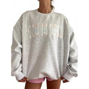 NEW SUNKISSED COCONUT god is good quilted pastel embroidered sweatshirt in grey